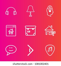 Premium set with outline vector icons. Such as audio, speech, rent, interior, arrow, phone, light, right, creativity, computer, music, home, guitar, technology, professional, earphone, pretty, white