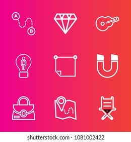Premium set with outline vector icons. Such as map, pin, place, gemstone, seat, office, location, jewelry, furniture, bag, concept, science, leather, guitar, creative, object, shiny, point, fashion