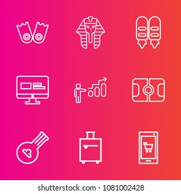 Premium set with outline vector icons. Such as stadium, pharaoh, flipper, luggage, equipment, vacation, , archeology, mobile, art, online, instrument, ancient, folk, phone, football, underwater, pitch