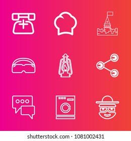 Premium set with outline vector icons. Such as job, character, uniform, old, chef, vintage, message, machine, contact, chief, chat, share, man, sign, professional, glasses, architecture, tower, cook