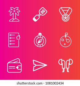 Premium set with outline vector icons. Such as prize, success, coconut, leaf, win, internet, tropical, music, planet, flag, reward, north, message, award, space, web, cash, east, spatula, wallet, palm