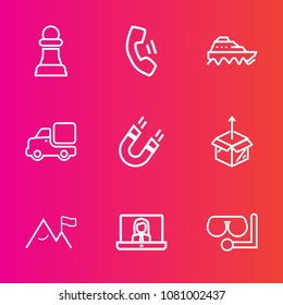 Premium set with outline vector icons. Such as lorry, phone, competition, smartphone, magnetic, new, mask, challenge, communication, cardboard, technology, box, transportation, game, video, glass, sea