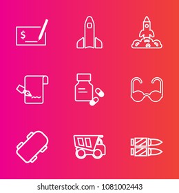 Premium Set With Outline Vector Icons. Such As Payment, Sign, Paper, Science, Write, Medical, Tipper, Money, Skater, Pharmacy, Gun, Astronaut, Rocket, Skateboard, Truck, Dumper, Shuttle, Health, Check