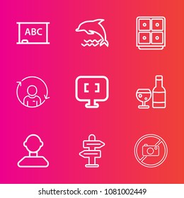Premium set with outline vector icons. Such as way, business, laptop, empty, glass, red, wine, animal, arrow, direction, background, dolphin, profile, bank, refresh, jump, internet, school, male, pc