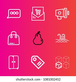 Premium set with outline vector icons. Such as house, paper, interior, fresh, package, swimming, blue, shop, food, summer, communication, loud, label, cupboard, dialog, bill, loudspeaker, sale, check