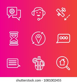 Premium set with outline vector icons. Such as chat, application, real, home, center, timer, clock, customer, support, web, flight, office, war, airplane, service, transportation, mobile, business