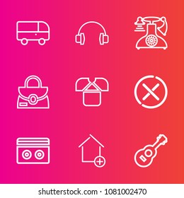 Premium set with outline vector icons. Such as urban, white, fashion, call, road, old, object, sound, street, audio, shirt, music, new, transport, bag, retro, stereo, tshirt, stop, sign, guitar, home