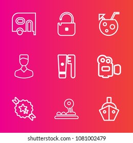 Premium set with outline vector icons. Such as profile, transportation, human, equipment, van, drink, transport, ship, avatar, cargo, car, truck, handle, sea, safe, unlock, juice, cold, white, key