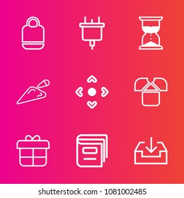 Premium set with outline vector icons. Such as energy, electricity, web, clock, book, background, plug, hour, white, outlet, cord, technology, style, tshirt, construction, electrical, cable, leather