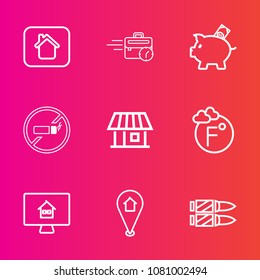 Premium set with outline vector icons. Such as business, sign, architecture, pin, property, house, internet, investment, money, computer, cigarette, late, banking, military, home, sitting, thermometer