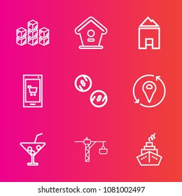 Premium set with outline vector icons. Such as app, industry, mobile, wooden, bird, real, juice, architecture, wood, shop, cocktail, house, birdhouse, goods, storehouse, distribution, technology, 