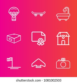 Premium set with outline vector icons. Such as beach, parachuting, skydiver, baja, sink, drawer, building, sport, mexico, business, certificate, blue, skydiving, house, camera, office, home, skater