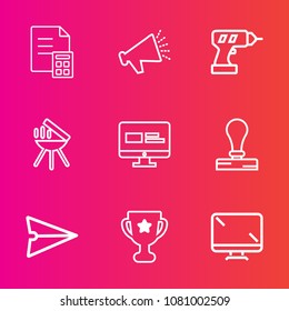 Premium set with outline vector icons. Such as stamp, speaker, business, stationery, sound, award, drill, currency, web, communication, screen, financial, coin, meat, monitor, cooking, display, bbq