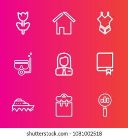 Premium set with outline vector icons. Such as white, mask, spring, swimsuit, flower, book, sea, blossom, employer, summer, bikini, magnifying, professional, encyclopedia, people, library, transport