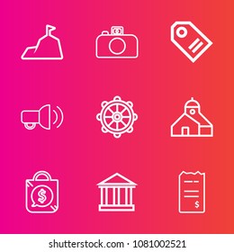 Premium set with outline vector icons. Such as megaphone, camera, construction, landscape, greek, hill, paper, loud, price, nature, panorama, photo, lens, retail, bill, money, discount, building, top