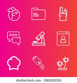 Premium set with outline vector icons. Such as profile, microscope, equipment, fahrenheit, scale, chef, nature, summer, empty, bubble, thermometer, cook, space, office, stationery, male, laboratory