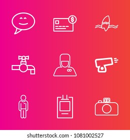 Premium set with outline vector icons. Such as hotel, bellhop, photography, chat, ocean, military, balance, credit, sink, camera, communication, account, war, beach, tropical, bubble, boy, bathroom