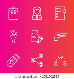 Premium set with outline vector icons. Such as sign, pin, share, professional, medicine, hierarchy, work, passenger, medical, weapon, music, phone, house, people, document, gun, real, employment, home