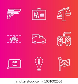 Premium set with outline vector icons. Such as van, pistol, weight, transport, measurement, bike, technology, pin, cycle, war, button, web, vehicle, map, handgun, girl, caliber, army, nation, scale