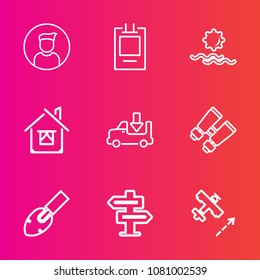 Premium set with outline vector icons. Such as sun, search, equipment, shipping, aircraft, spy, plane, landscape, label, architecture, building, lorry, transport, glasses, morning, house, dont, home
