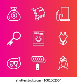 Premium set with outline vector icons. Such as fashion, travel, tool, doctor, sign, gas, money, airport, cash, roller, summer, healthcare, investment, machine, message, speech, key, financial, washer