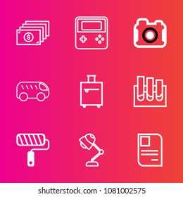 Premium set with outline vector icons. Such as roller, brush, direction, highway, identity, laboratory, money, bag, id, luggage, arrow, trip, photo, finance, photographer, camera, photography, cash