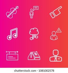 Premium set with outline vector icons. Such as chatting, online, violoncello, poster, profile, hand, employee, window, instrument, technology, banner, chat, network, classical, man, sound, sign, roof