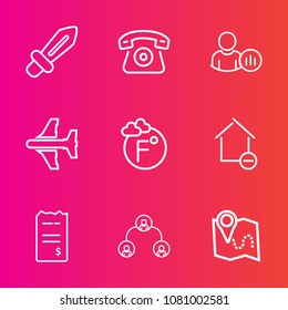 Premium set with outline vector icons. Such as internet, bill, knight, social, telephone, weapon, pin, removal, map, hierarchy, technology, structure, blade, airplane, sword, profile, ancient, war