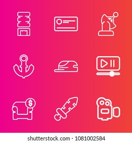Premium set with outline vector icons. Such as medieval, payment, furniture, fashion, knight, white, sea, cold, summer, video, cap, boat, hat, interface, technology, interior, nautical, blade, sofa