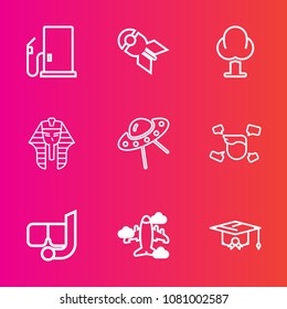 Premium set with outline vector icons. Such as ufo, nature, gasoline, car, boy, plane, petrol, pharaoh, airplane, ancient, forest, education, spaceship, bomb, mask, fuel, spacecraft, culture, service