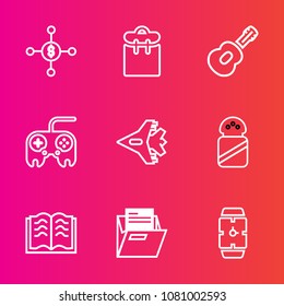 Premium set with outline vector icons. Such as money, ingredient, file, food, arrow, music, person, currency, technology, business, clock, web, finance, phone, spice, salt, guitar, time, musical, pass