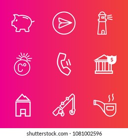 Premium set with outline vector icons. Such as money, technology, sea, email, sky, business, lighthouse, beach, home, sport, telephone, finance, banking, temperature, cell, coin, pig, thermometer, rod