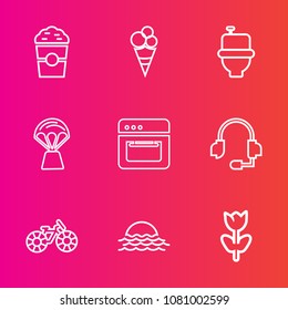 Premium set with outline vector icons. Such as dessert, microphone, nature, air, restaurant, kitchen, morning, travel, shop, espresso, restroom, landscape, cappuccino, cooking, drink, white, cup, sky