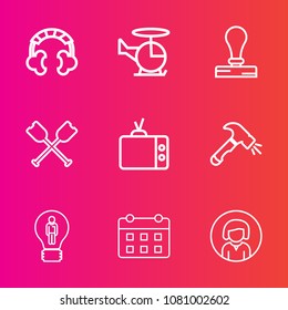 Premium set with outline vector icons. Such as idea, oar, concept, rescue, helicopter, television, paddle, construction, business, transport, creative, stationery, aircraft, audio, tv, equipment, air