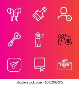 Premium set with outline vector icons. Such as message, pictogram, sky, device, technology, navigation, email, equipment, coast, water, music, laptop, study, earphone, beach, , key, ocean, security