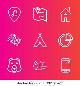Premium set with outline vector icons. Such as home, chart, animal, building, graph, pie, phone, bear, mobile, navigation, business, adventure, white, pin, touchscreen, real, grizzly, gps, delivery