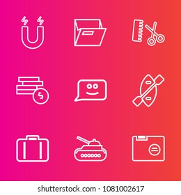 Premium set with outline vector icons. Such as canoe, chat, money, oar, empty, coin, open, bank, attraction, tank, science, comb, business, salon, water, education, gun, paddle, object, magnetic, cash