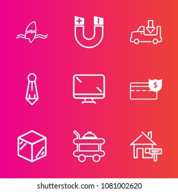 Premium set with outline vector icons. Such as surfboard, summer, surfing, ocean, field, shipping, product, magnetic, lorry, bed, science, box, house, food, pole, transportation, male, estate, home