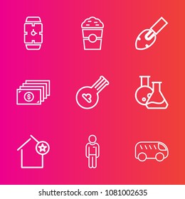 Premium set with outline vector icons. Such as music, man, cappuccino, watch, money, house, string, folk, bus, shop, currency, hour, left, tool, favorite, shovel, musical, move, coffee, white, modern