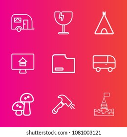 Premium set with outline vector icons. Such as truck, castle, destruction, document, sign, van, edible, camp, construction, adventure, building, architecture, shovel, crash, house, estate, vandalism