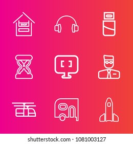Premium set with outline vector icons. Such as market, stereo, car, store, user, web, pc, account, timer, transportation, blue, internet, customer, cable, supermarket, equipment, shop, clock, sky, usb