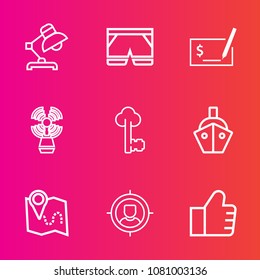 Premium set with outline vector icons. Such as lighthouse, pin, lock, transport, short, web, interior, money, ship, concept, map, travel, vessel, light, template, pen, customer, location, shorts, boat