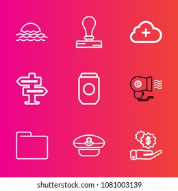 Premium set with outline vector icons. Such as stationery, file, navy, template, room, doorknob, folder, blank, container, door, cloud, hanger, investment, sunrise, tin, dollar, morning, stamp, white