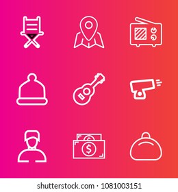 Premium set with outline vector icons. Such as cash, man, navigation, war, map, currency, cap, object, weapon, web, musical, music, money, location, travel, business, fashion, furniture, armchair, bag