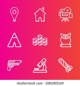 Premium set with outline vector icons. Such as movie, real, storehouse, science, camp, explosion, danger, outdoor, distribution, handgun, home, gun, pistol, adventure, retro, building, fire, research