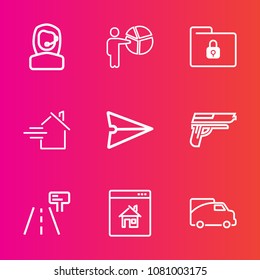 Premium set with outline vector icons. Such as sign, center, transportation, home, security, message, businessman, communication, call, handgun, business, traffic, customer, service, house, computer