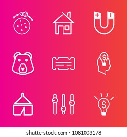 Premium set with outline vector icons. Such as attraction, coupon, space, estate, business, tent, rocket, north, travel, entertainment, real, bear, animal, mammal, property, spaceship, pole, shuttle