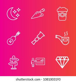 Premium set with outline vector icons. Such as beverage, cup, telescope, gem, shovel, diamond, crystal, cafe, drink, arrow, mug, hammer, moonlight, sound, screwdriver, direction, businessman, tool