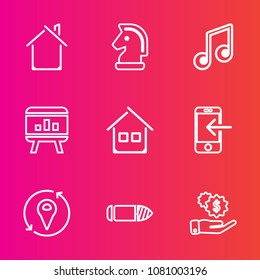 Premium set with outline vector icons. Such as note, phone, location, building, play, music, template, business, piece, technology, musical, house, investment, clef, finance, competition, melody, game