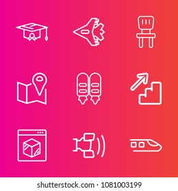 Premium set with outline vector icons. Such as chair, internet, white, plane, map, business, graduation, comfortable, room, upstairs, home, telephone, aircraft, location, down, cell, jet, transport, 
